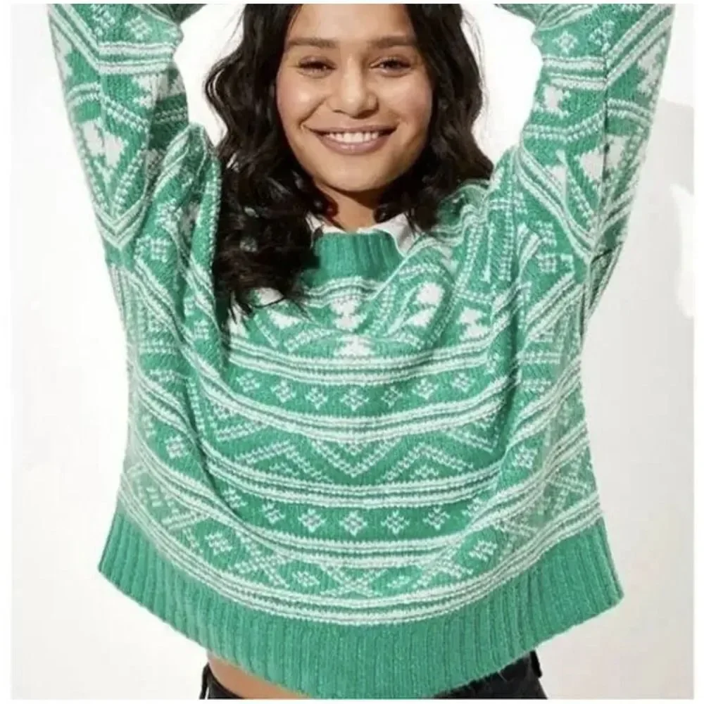 American Eagle Green Fair Isle Sweater Crewneck Snowdrift Warm Cozy Large St Pat
